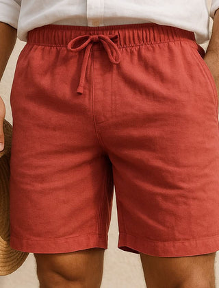 Red summer shorts with drawstring waistband and relaxed straight leg cut
