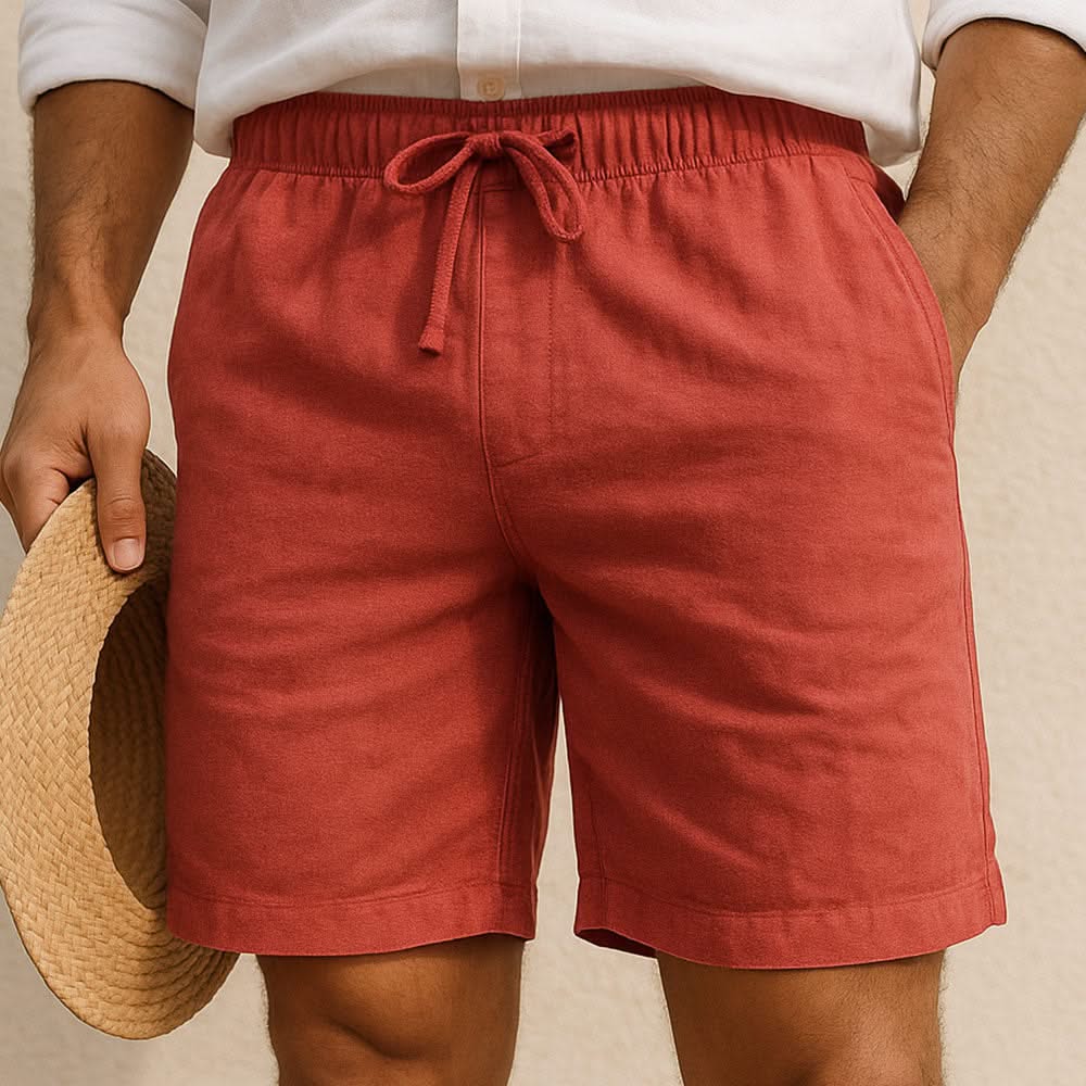 Red summer shorts with drawstring waistband and relaxed straight leg cut