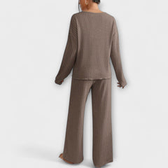 Ribbed knit loungewear set in brown: long-sleeve top and wide-leg pants, back view