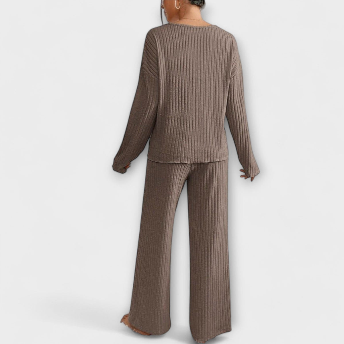 Ribbed knit loungewear set in brown: long-sleeve top and wide-leg pants, back view