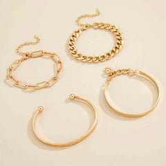 Gold-tone bracelet set with link chain and curved hoop bangles, open cuffs