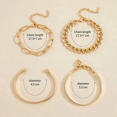 Gold-tone bracelet set with chain-link cuffs and hoop bracelets; dimensions shown