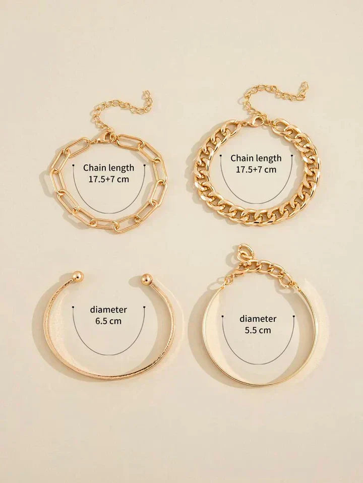 Gold-tone bracelet set with chain-link cuffs and hoop bracelets; dimensions shown