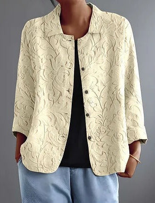 Cream woven floral blouse with button-front and stand collar