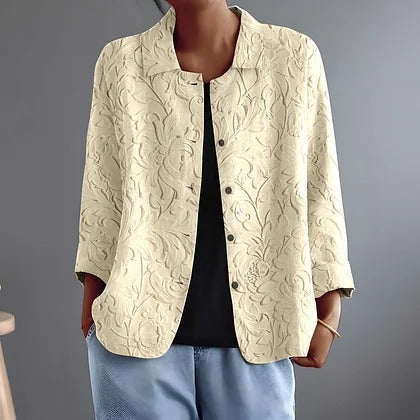Cream woven floral blouse with button-front and stand collar