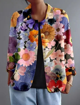 Multicolour floral button-front blouse with V neckline