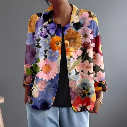 Multicolour floral button-front blouse with V neckline