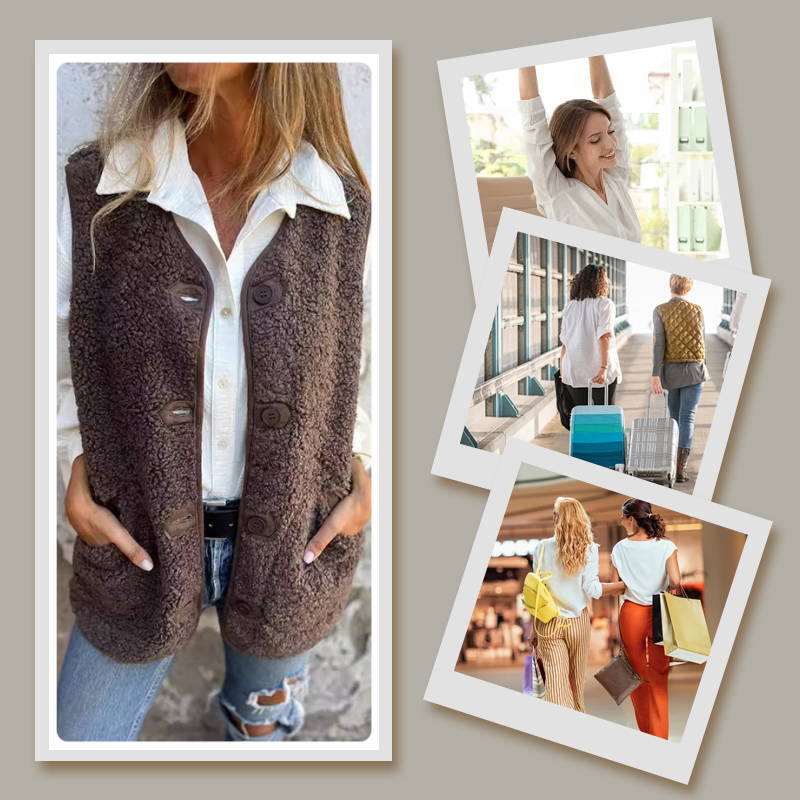 Women's brown fuzzy button-front short vest with pockets
