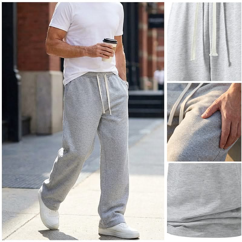 Light grey sweatpants with drawstring waist, relaxed tapered leg, and side pockets