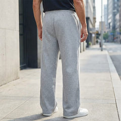 Light grey drawstring pants, straight relaxed fit, elastic waistband with drawcords