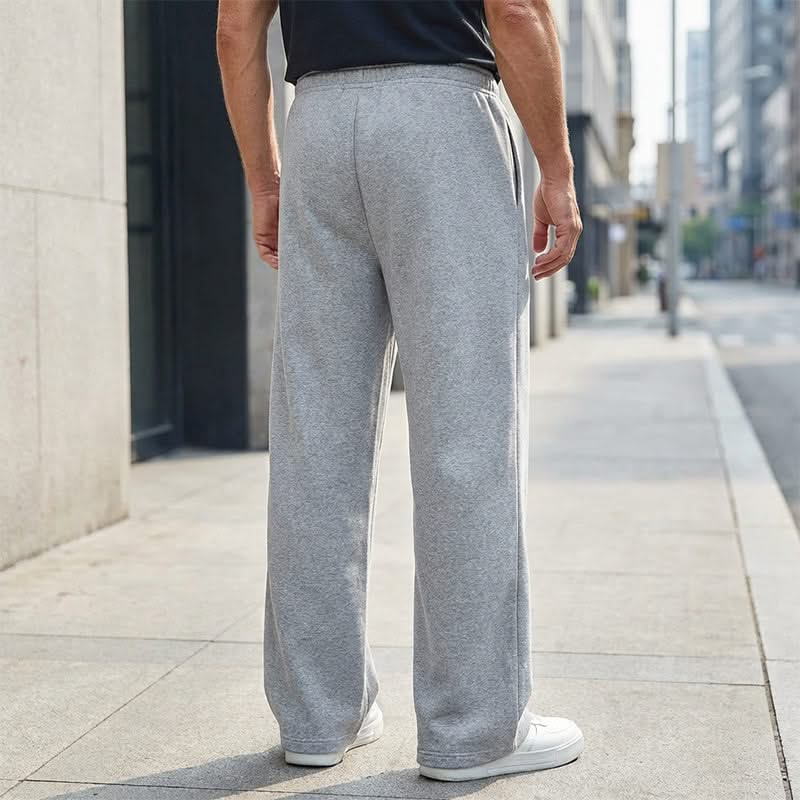 Light grey drawstring pants, straight relaxed fit, elastic waistband with drawcords