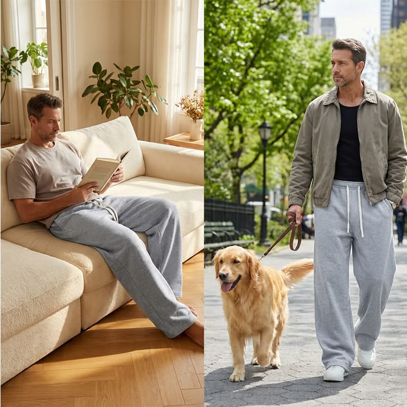 Light grey drawstring sweatpants with elastic waist and two long white drawcords