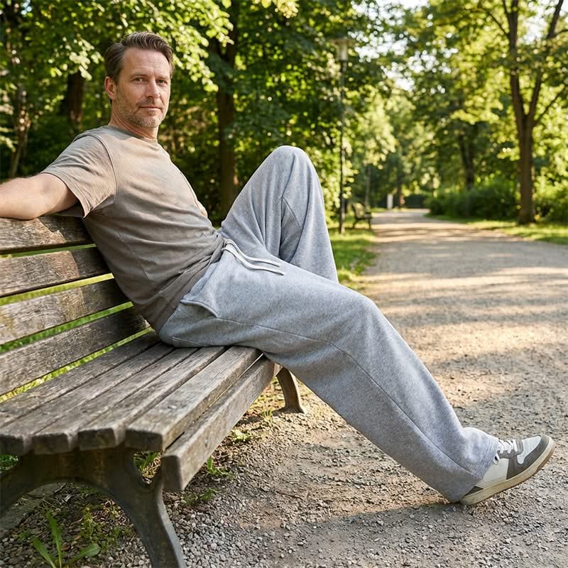 Light grey drawstring sweatpants with elastic waistband and cuffed ankles