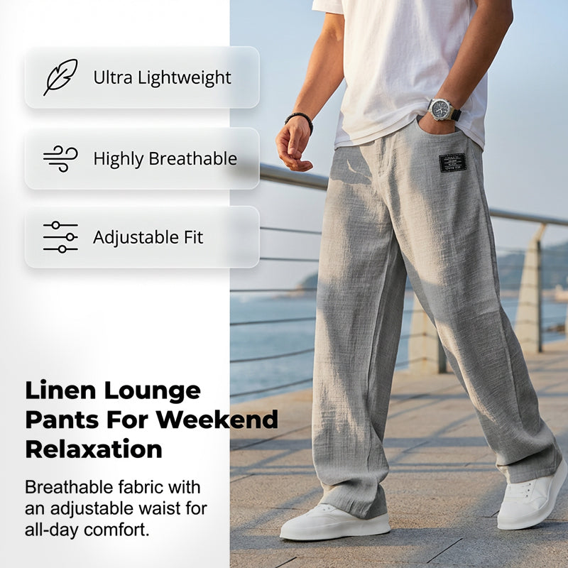 Light grey casual fit pants with wide legs and stitched side label