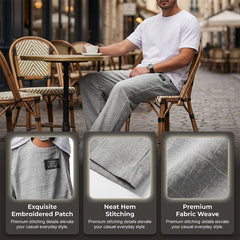 Grey casualfit pants with embroidered patch and neat stitched hem