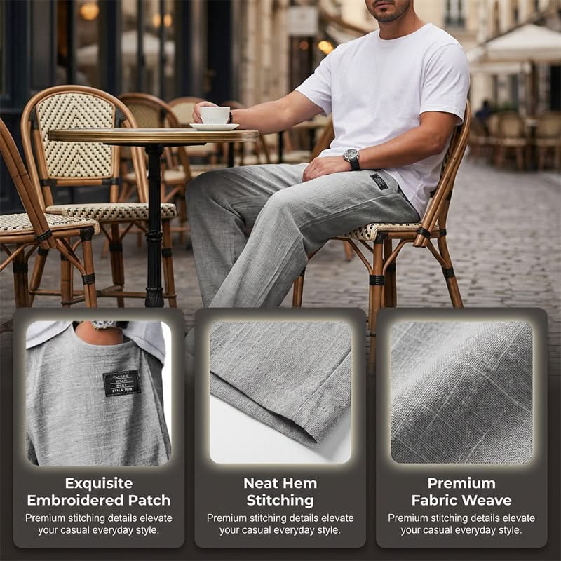 Grey casualfit pants with embroidered patch and neat stitched hem