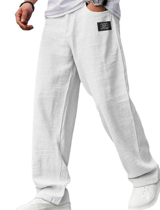 White casual fit pants with wide straight legs and elasticized waistband