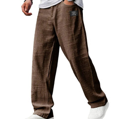Brown casual fit pants with wide straight legs and elasticized waistband