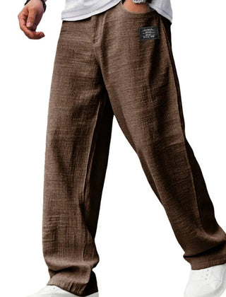 Brown casual fit pants with wide straight legs and elasticized waistband