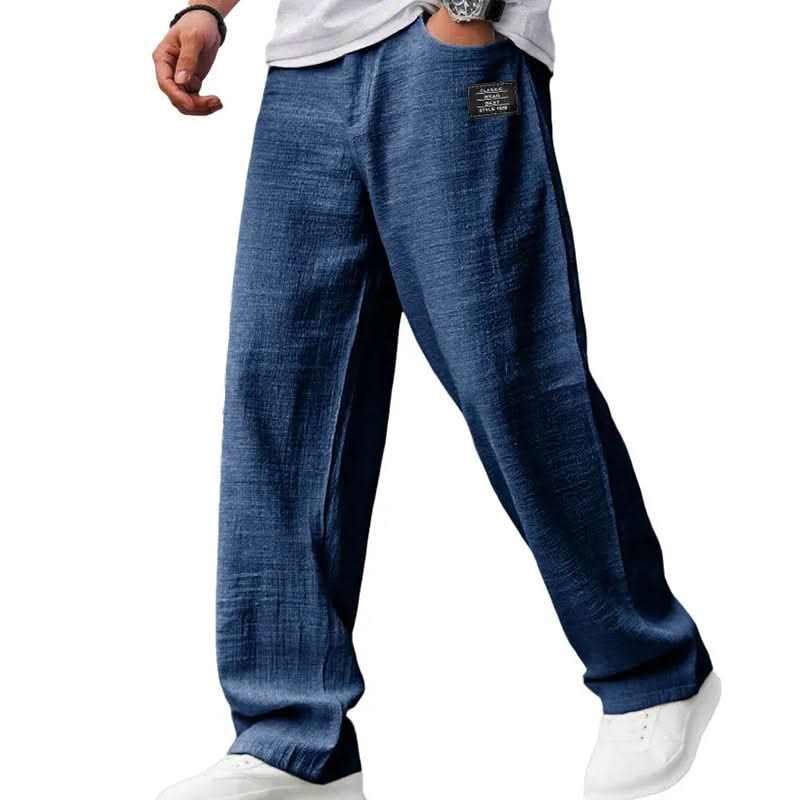 Navy blue casual fit pants with wide straight legs and elasticized waistband