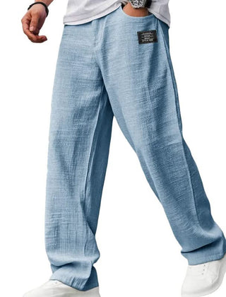 Light blue casual fit pants with wide straight legs and elasticized waistband