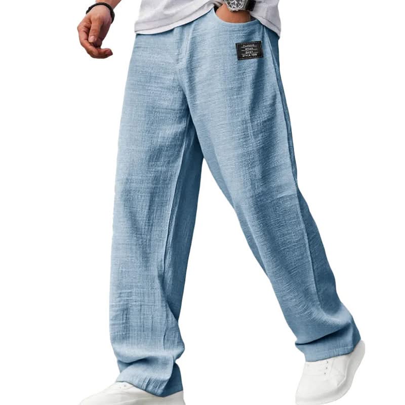 Light blue casual fit pants with wide straight legs and elasticized waistband