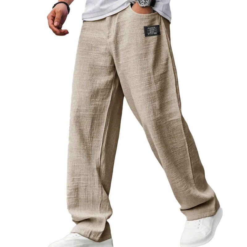 Khaki casual fit pants with wide straight legs and elasticized waistband