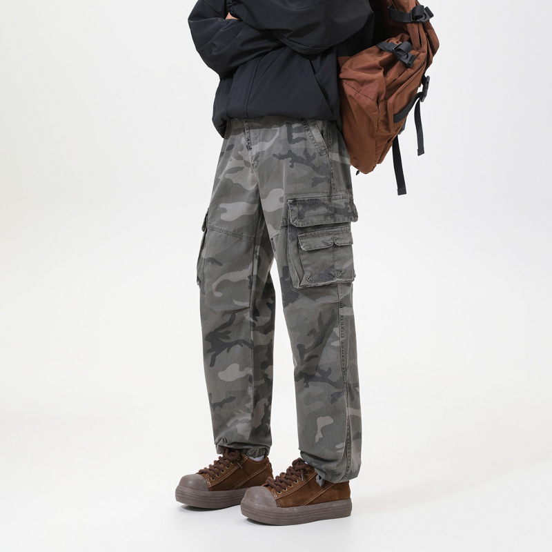 Utility cargo trousers with gray camo print, stacked cargo flap pockets, ankle drawstrings