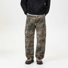 Utility cargo trousers in olive camo, back view with large flap cargo pockets