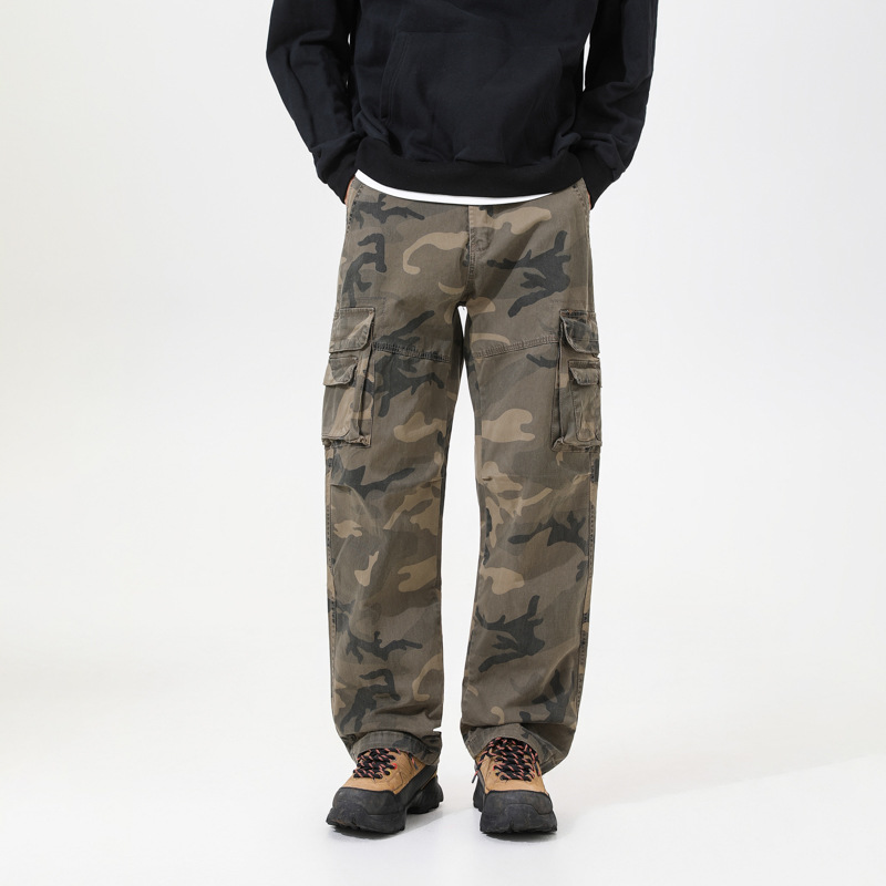 Utility cargo trousers in olive camo, back view with large flap cargo pockets