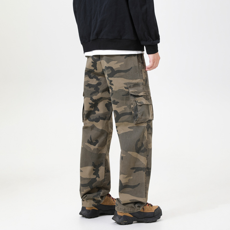 Utility cargo trousers with olive camo, front slash pockets and side flap cargo pockets