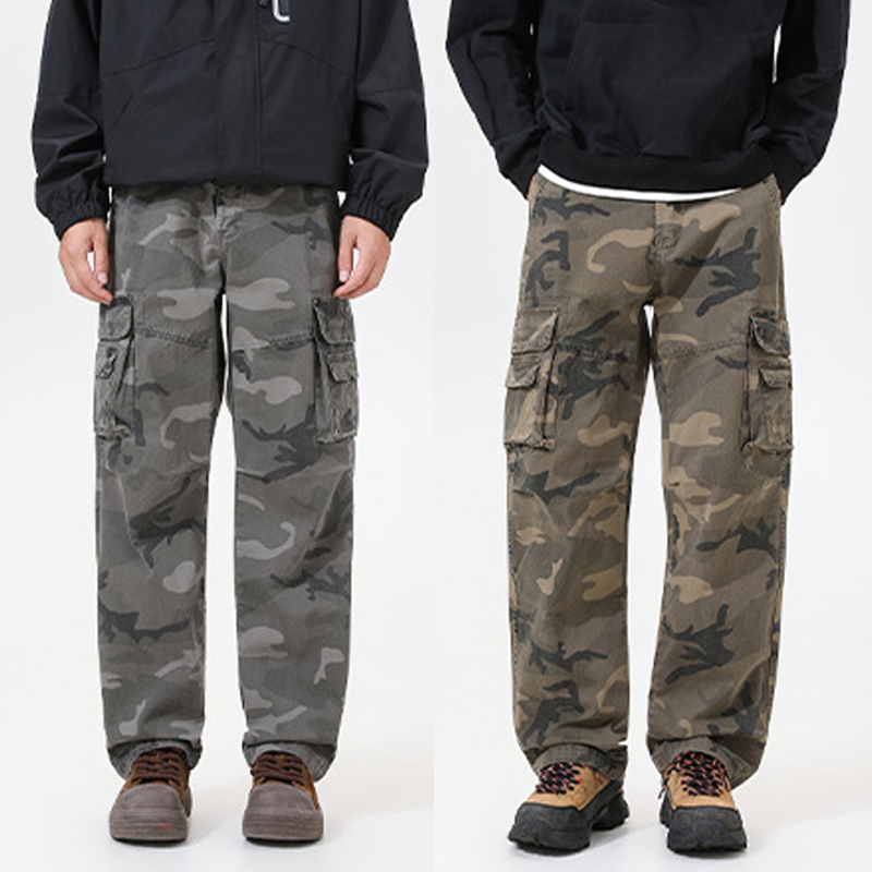 Camouflage utility cargo trousers in gray and olive shown front view, cargo pockets, drawcord hem
