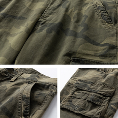Olive camo utility trouser fabric with stitched pocket seams and flap detail