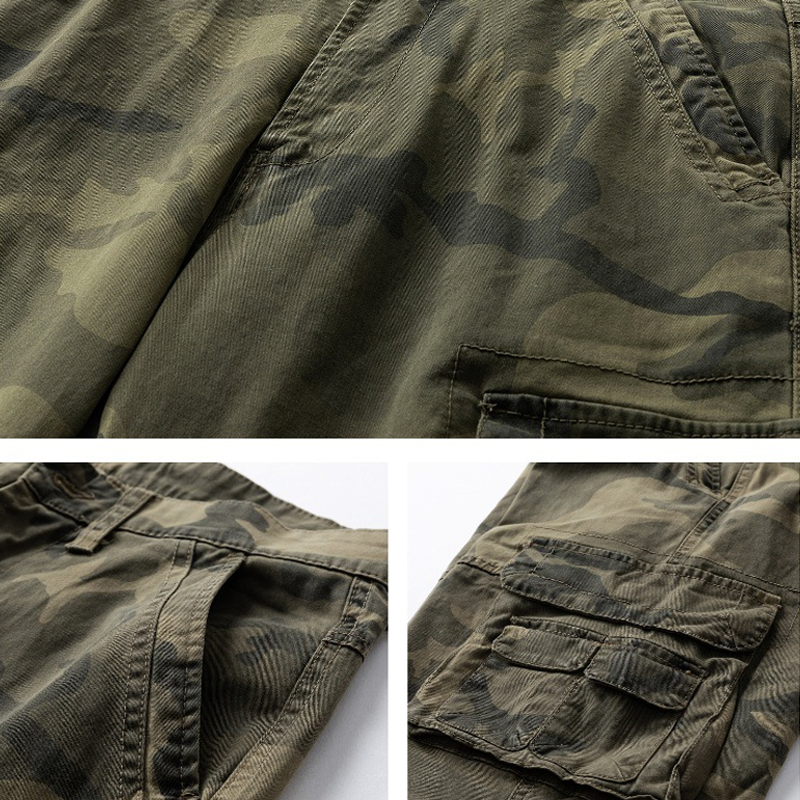 Olive camo utility trouser fabric with stitched pocket seams and flap detail