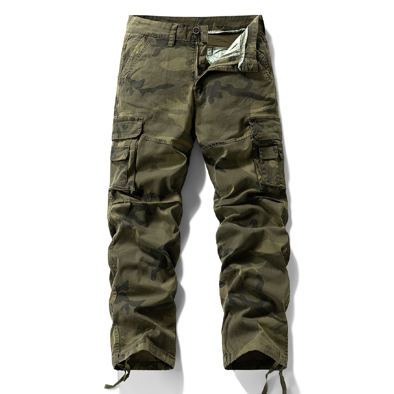 Utility cargo trousers with olive camo print, relaxed straight legs, ankle drawcord ties