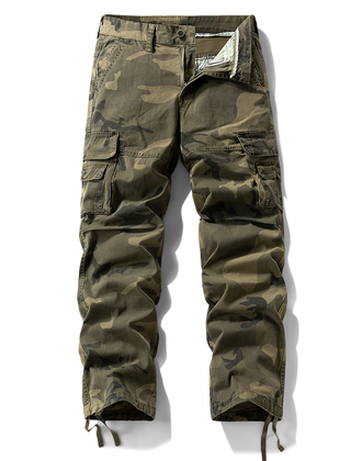 Utility cargo trousers with olive camo print, button waistband, side cargo pockets