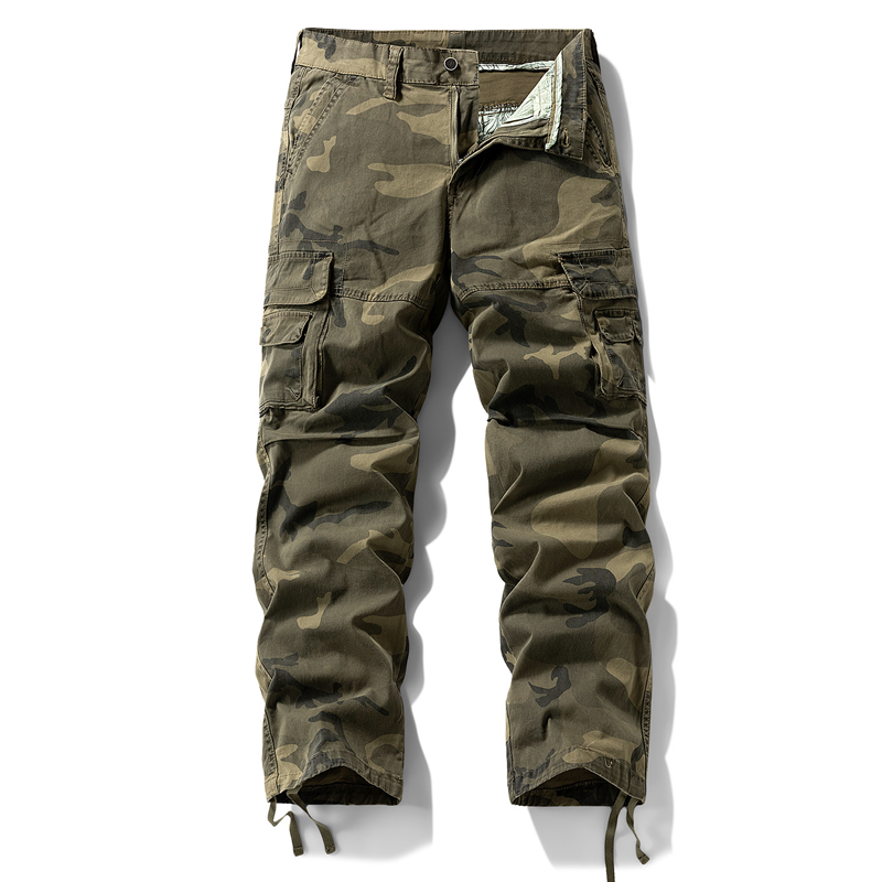Utility cargo trousers with olive camo print, button waistband, side cargo pockets