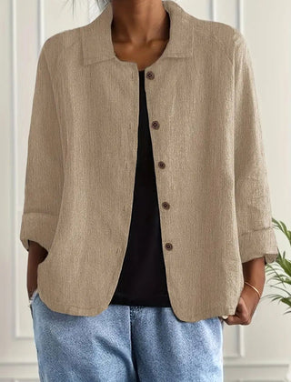 Adelheid khaki crinkle blouse with button-front and mandarin collar