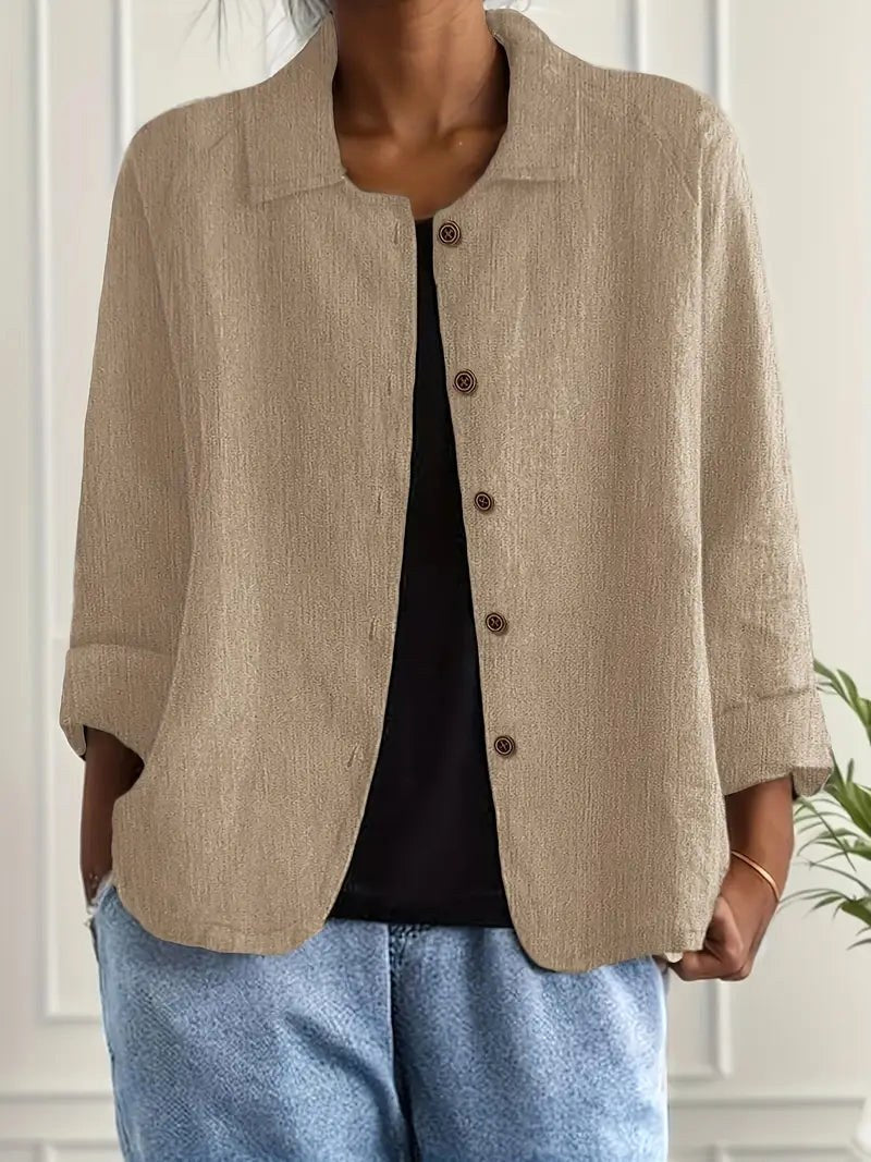 Adelheid khaki crinkle blouse with button-front and mandarin collar