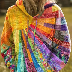 Nola artful patchwork hoodie with multicolor rainbow print, pullover hood and pouch