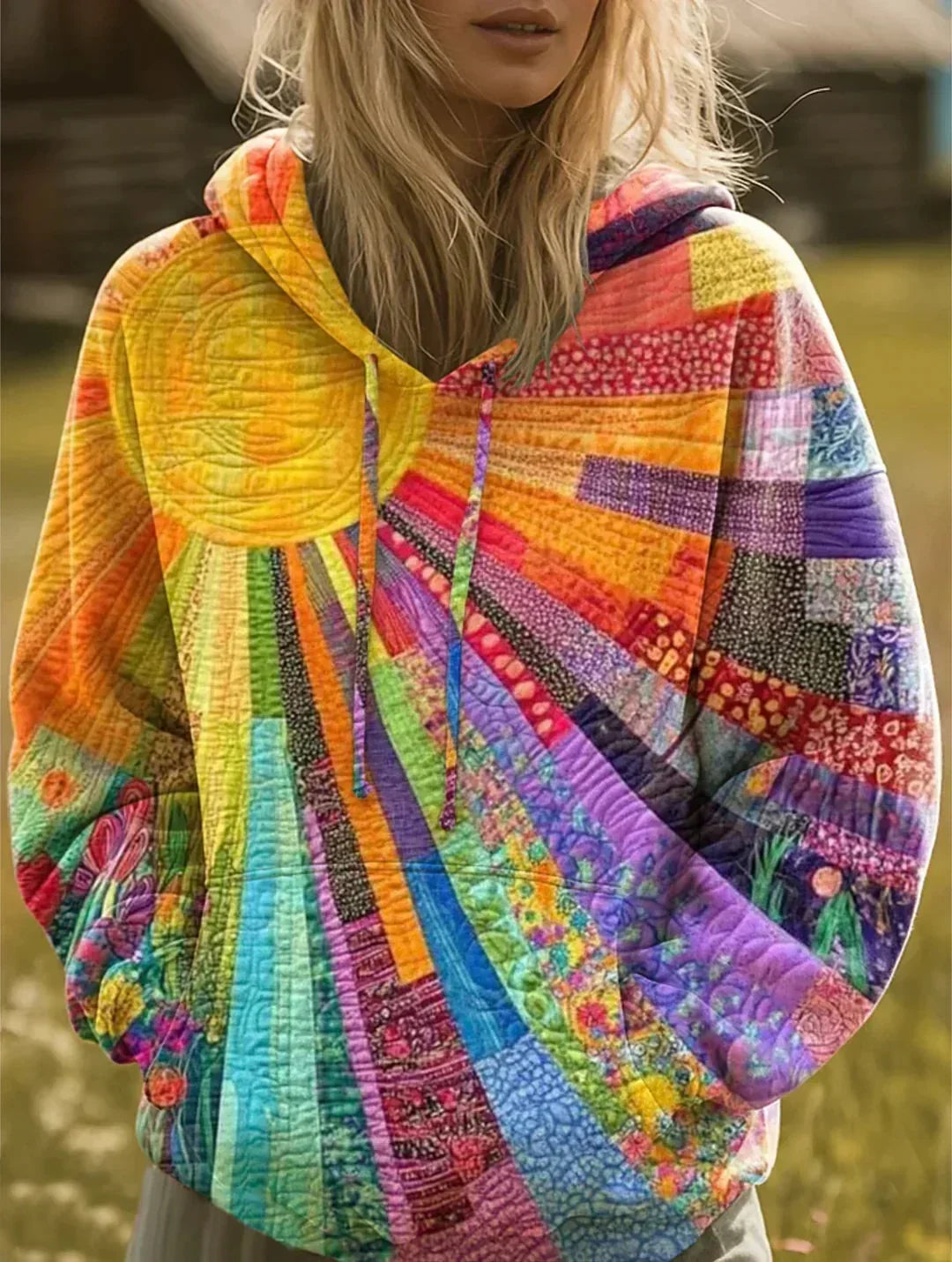 Nola artful patchwork hoodie with multicolor rainbow print, pullover hood and pouch