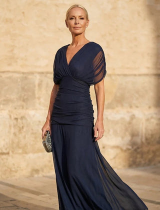 Dark blue off-shoulder maxi dress with short puff sleeves and gathered waist
