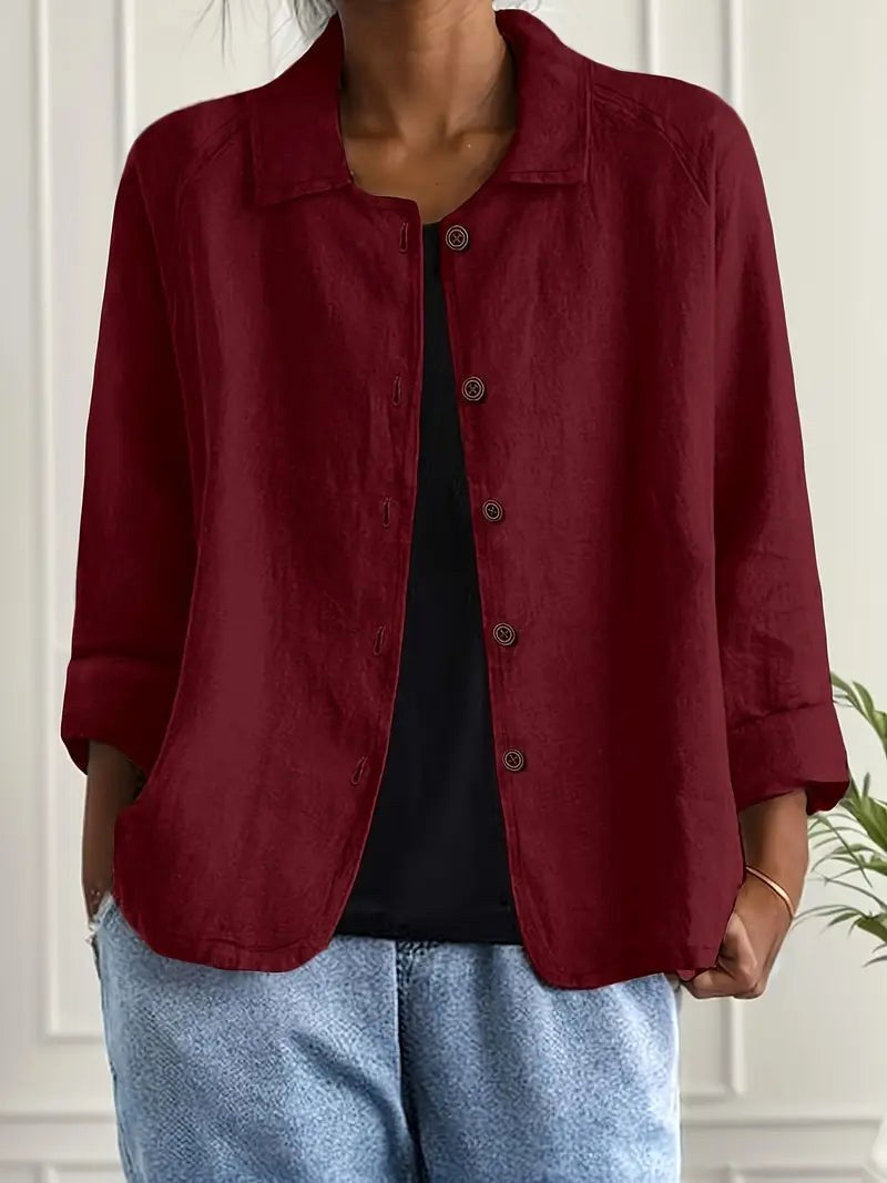 Bathilda deep wine button-front blouse with collar and 3/4 sleeves