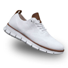 White knit lace-up walker shoes with brown collar accents and white tread sole
