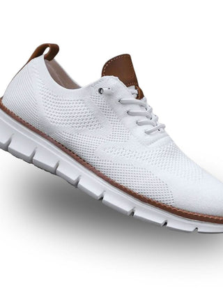 White knit lace-up walker shoes with brown collar accents and white tread sole
