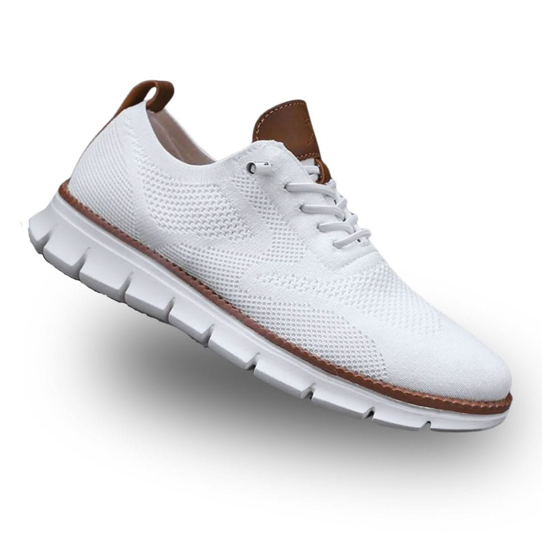 White knit lace-up walker shoes with brown collar accents and white tread sole